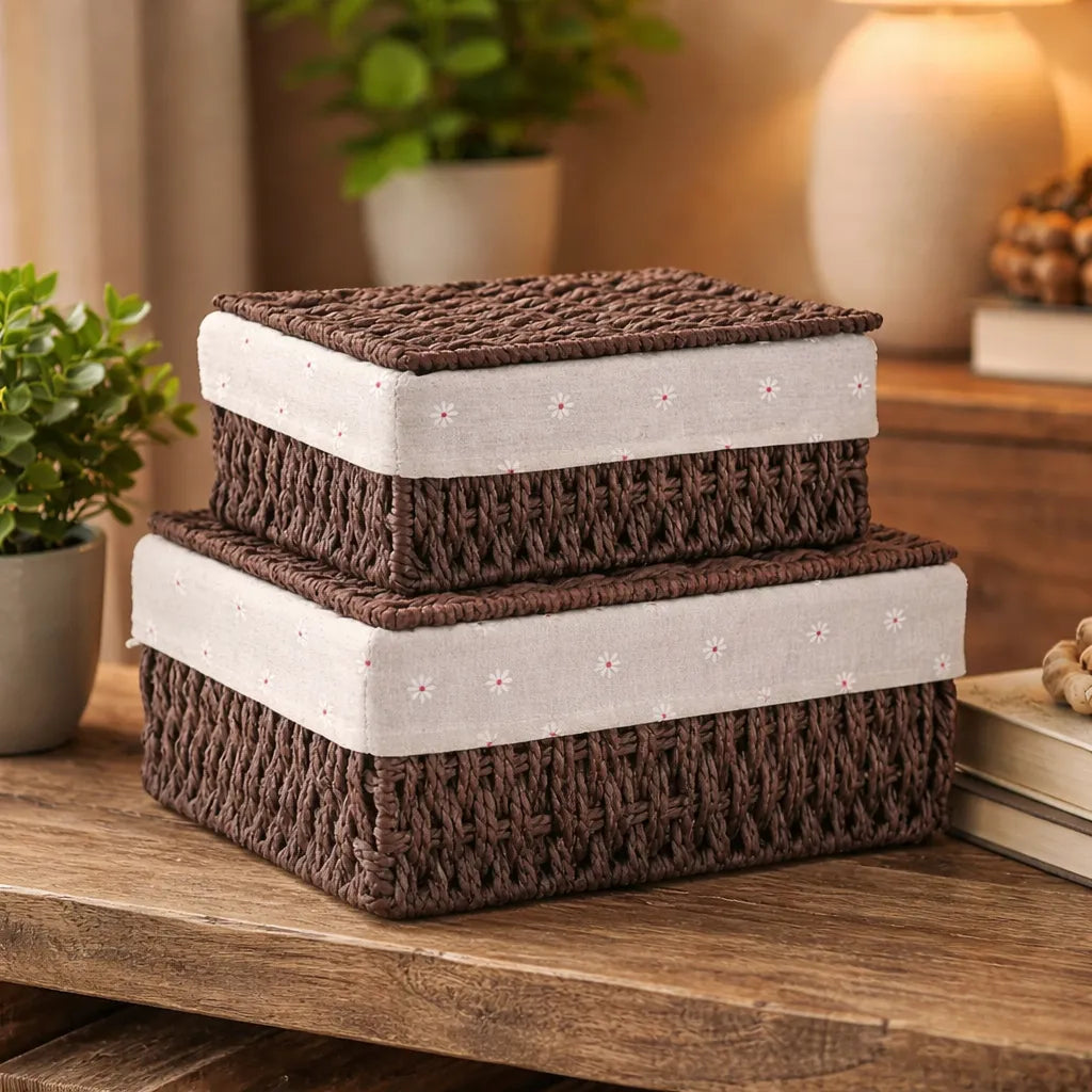 2 Set Cesta Almacenamiento Tejida Mimbre Con Tapa
