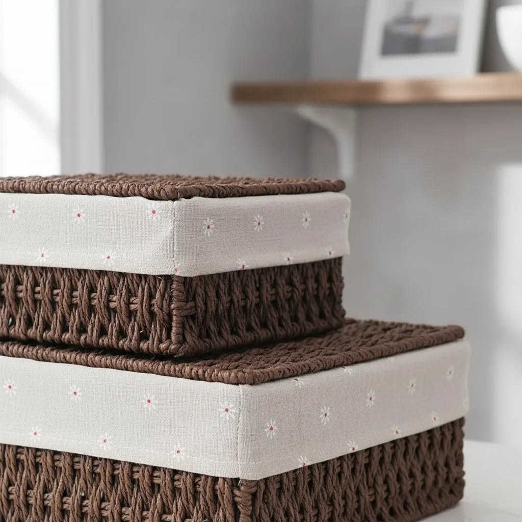 2 Set Cesta Almacenamiento Tejida Mimbre Con Tapa