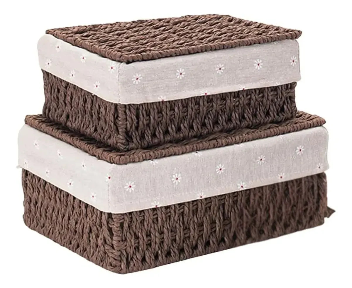 2 Set Cesta Almacenamiento Tejida Mimbre Con Tapa