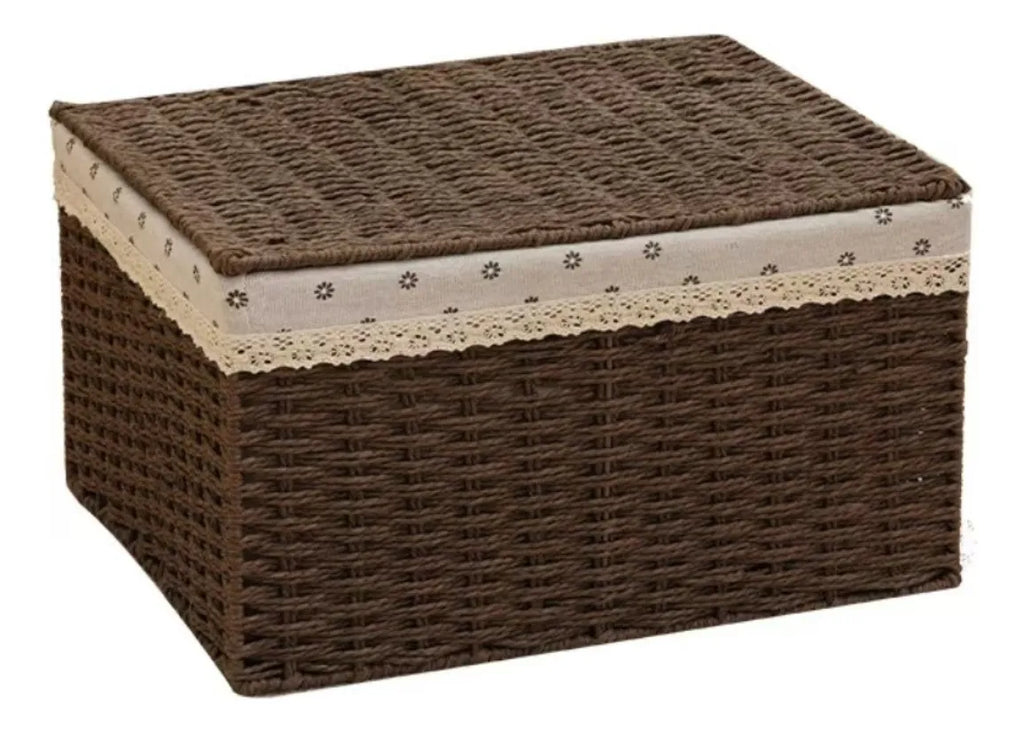 2 Set Cesta Almacenamiento Tejida Mimbre Con Tapa