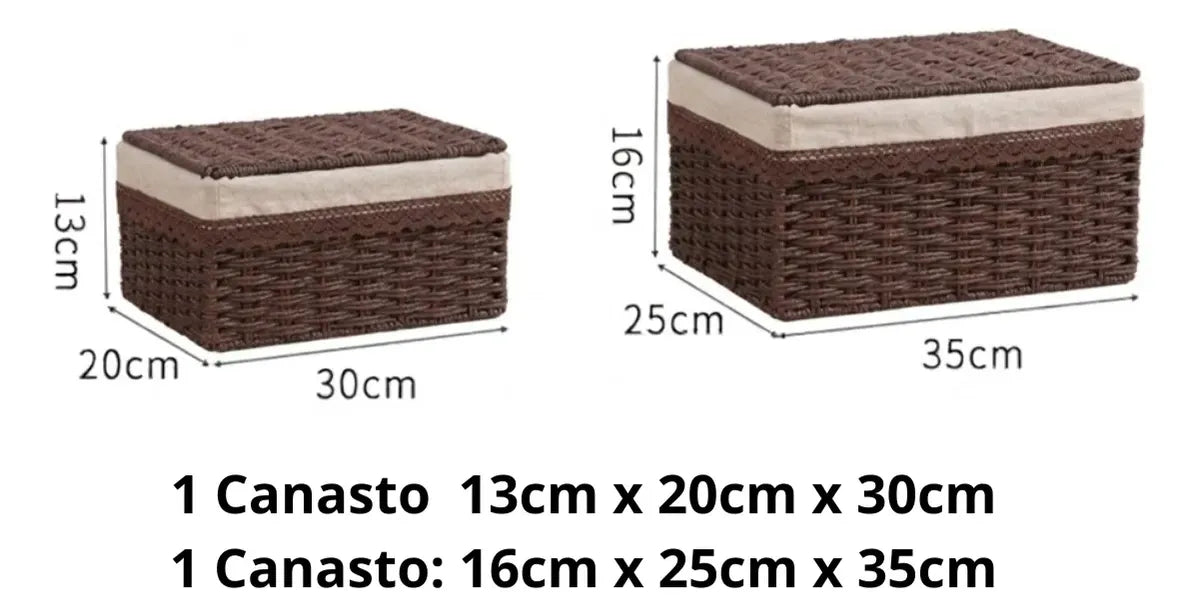 2 Set Cesta Almacenamiento Tejida Mimbre Con Tapa