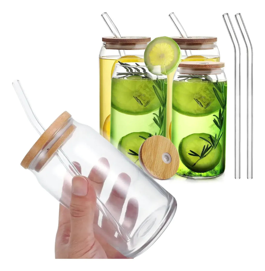 4 Vasos Vidrio Tapa Bambu 550ml Con Bombilla Reutilizables