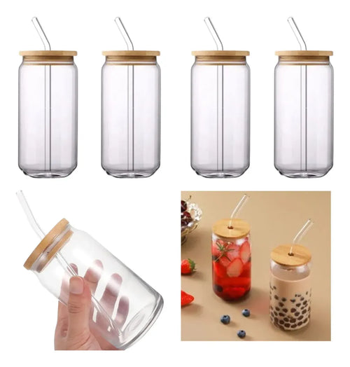 4 Vasos Vidrio Tapa Bambu 550ml Con Bombilla Reutilizables