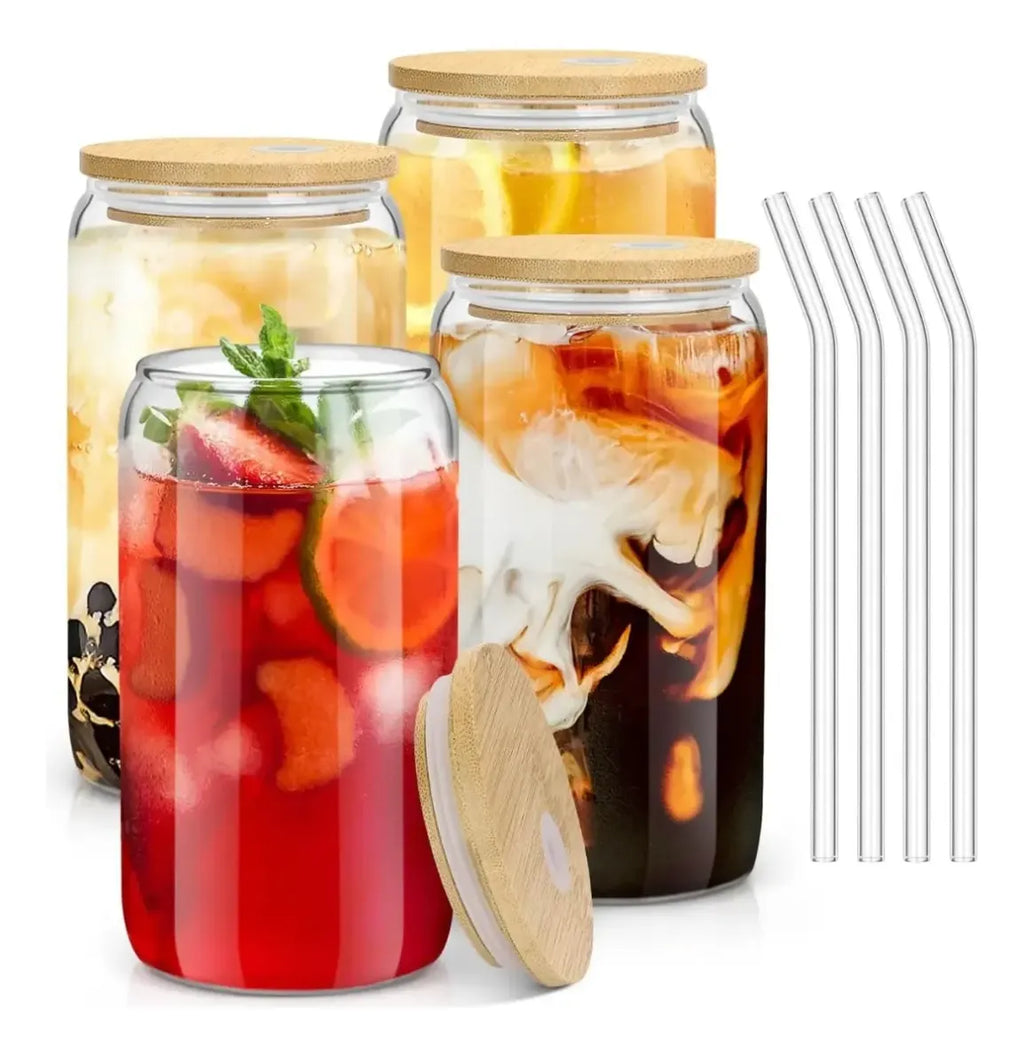4 Vasos Vidrio Tapa Bambu 550ml Con Bombilla Reutilizables