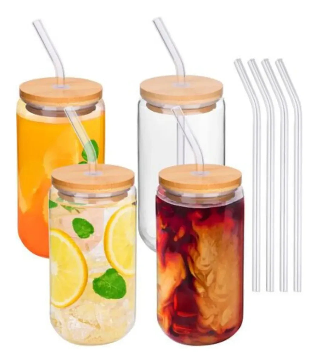 4 Vasos Vidrio Tapa Bambu 550ml Con Bombilla Reutilizables