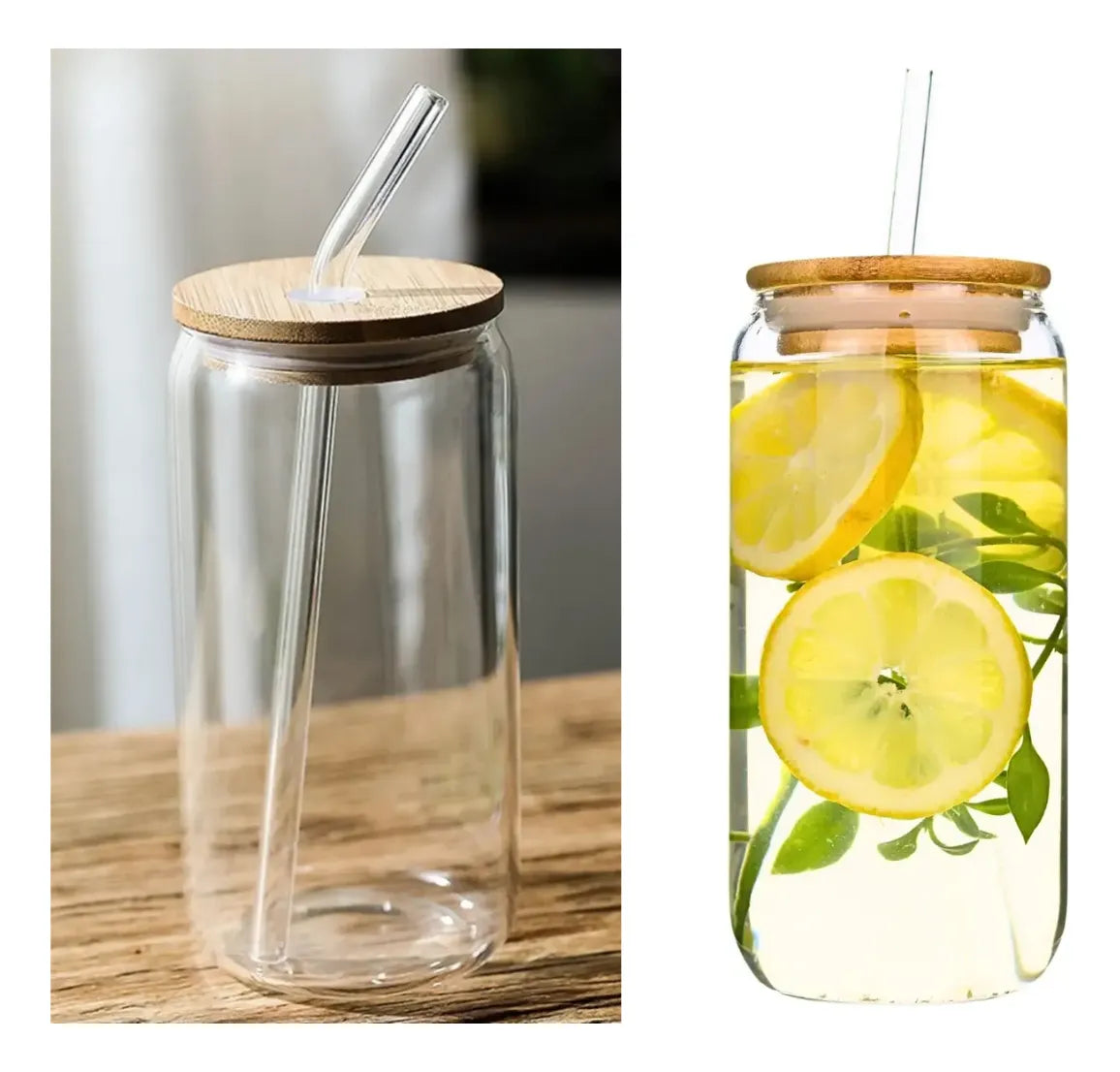 4 Vasos Vidrio Tapa Bambu 550ml Con Bombilla Reutilizables