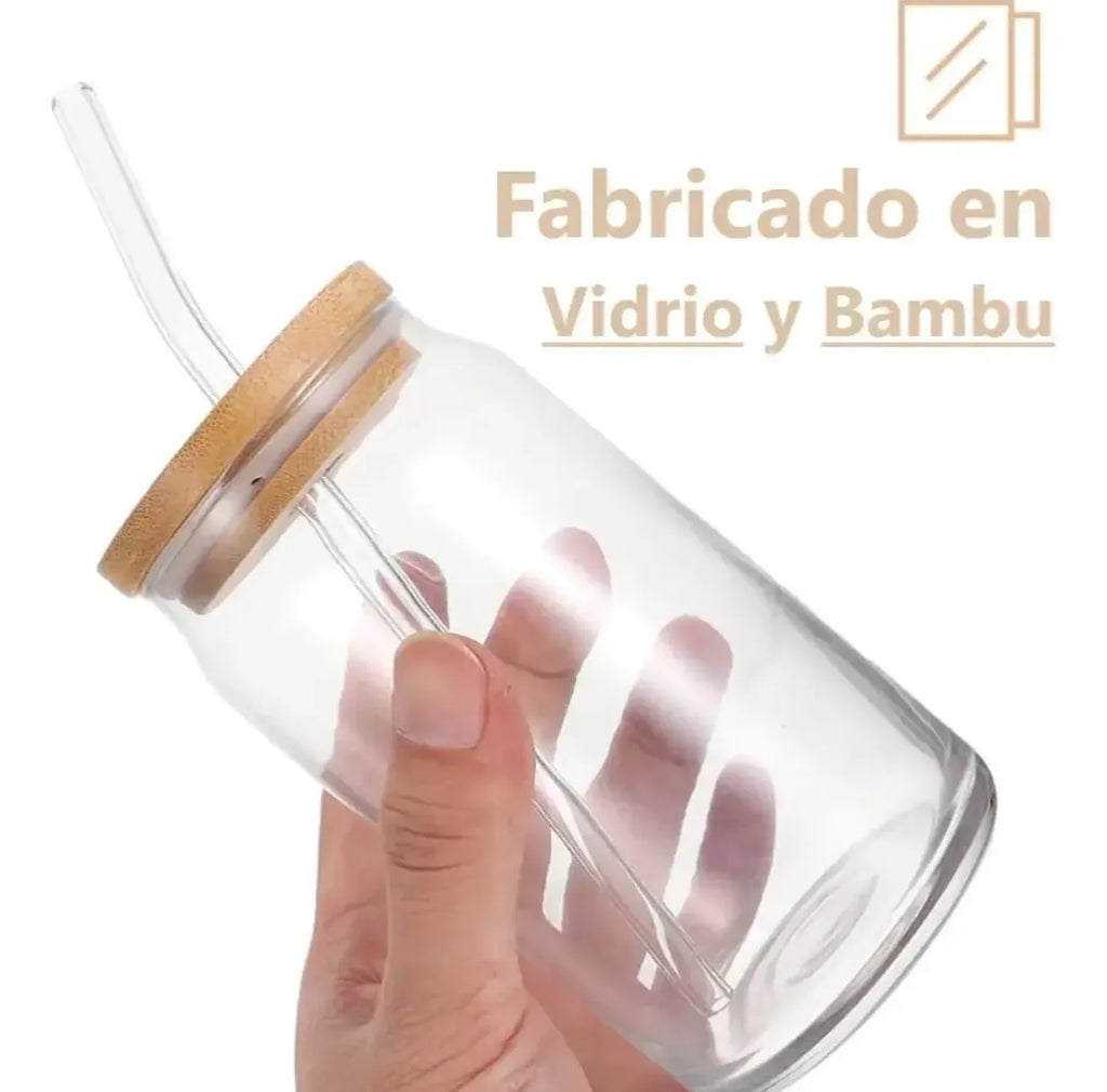 4 Vasos Vidrio Tapa Bambu 550ml Con Bombilla Reutilizables