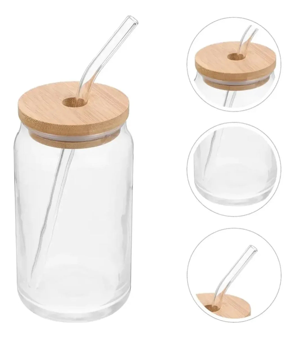 4 Vasos Vidrio Tapa Bambu 550ml Con Bombilla Reutilizables