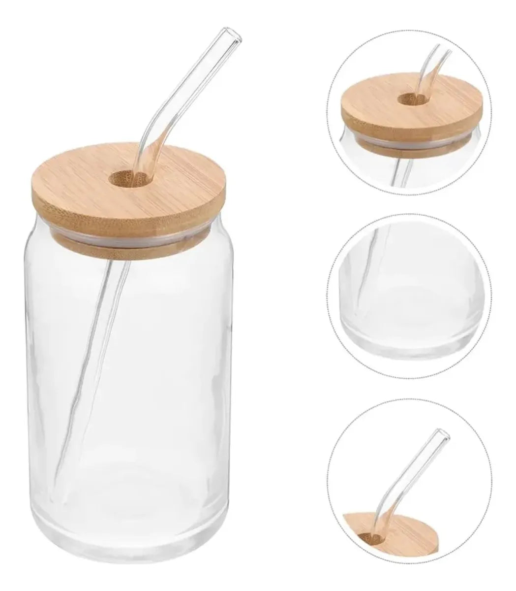 4 Vasos Vidrio Tapa Bambu 550ml Con Bombilla Reutilizables