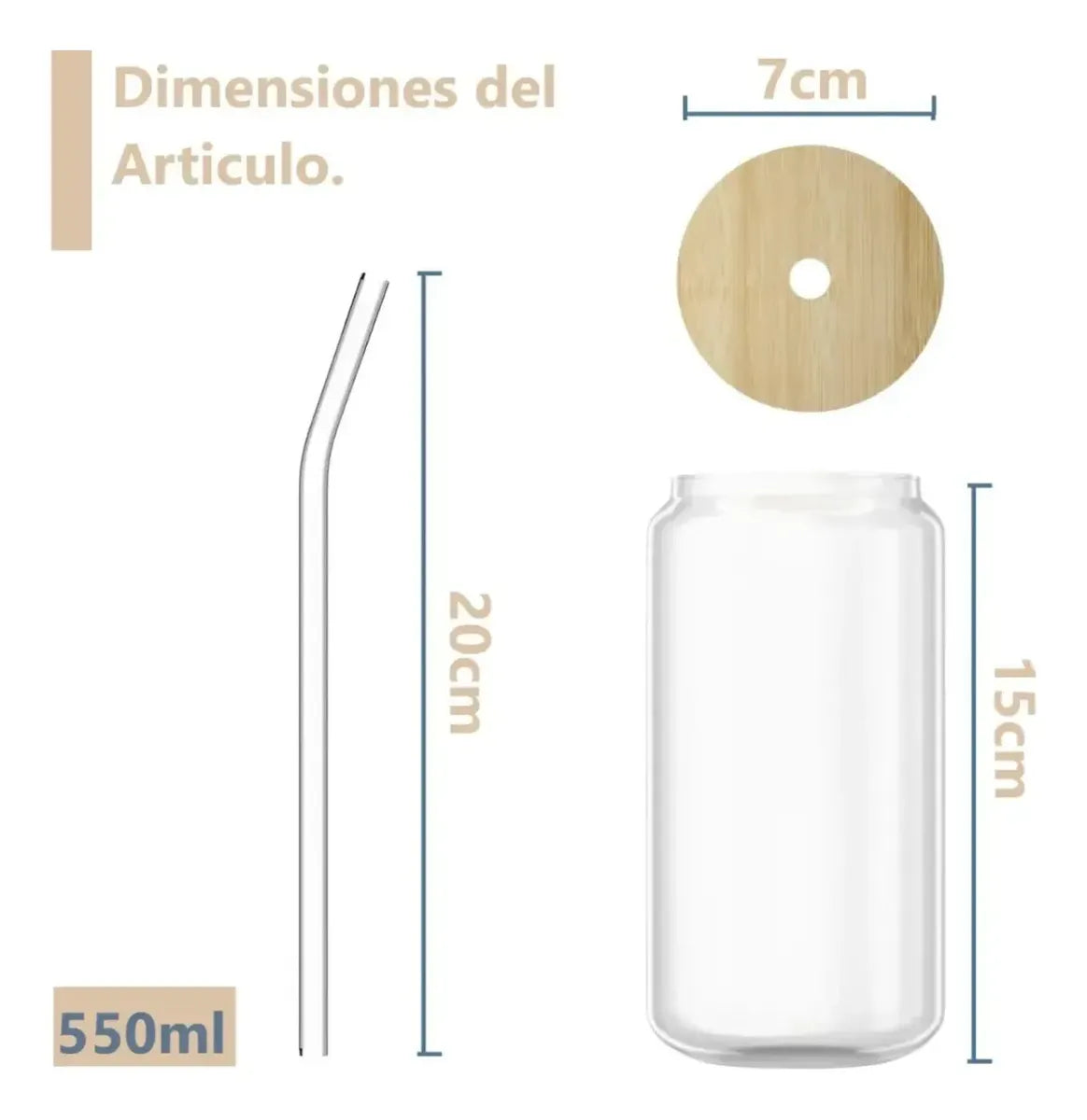 4 Vasos Vidrio Tapa Bambu 550ml Con Bombilla Reutilizables