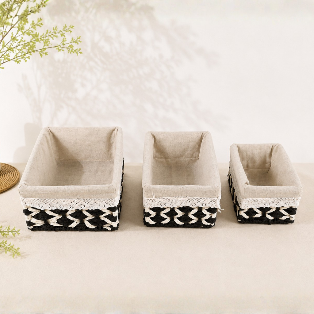Set 3 Canasto Organizador Mimbre Tejido Bicolor Funda Tela