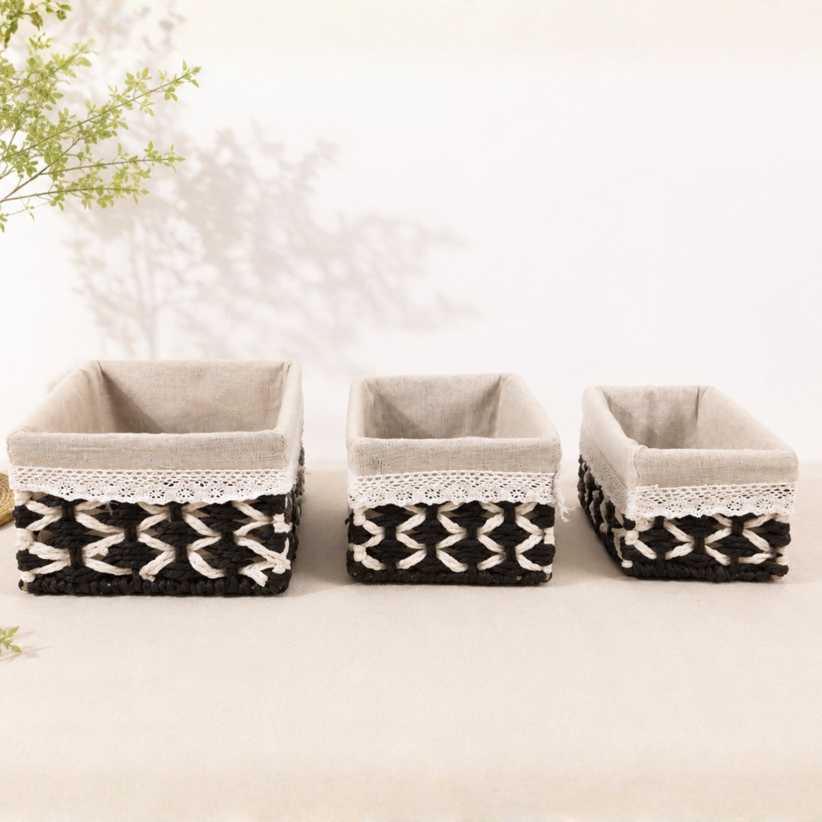 Set 3 Canasto Organizador Mimbre Tejido Bicolor Funda Tela