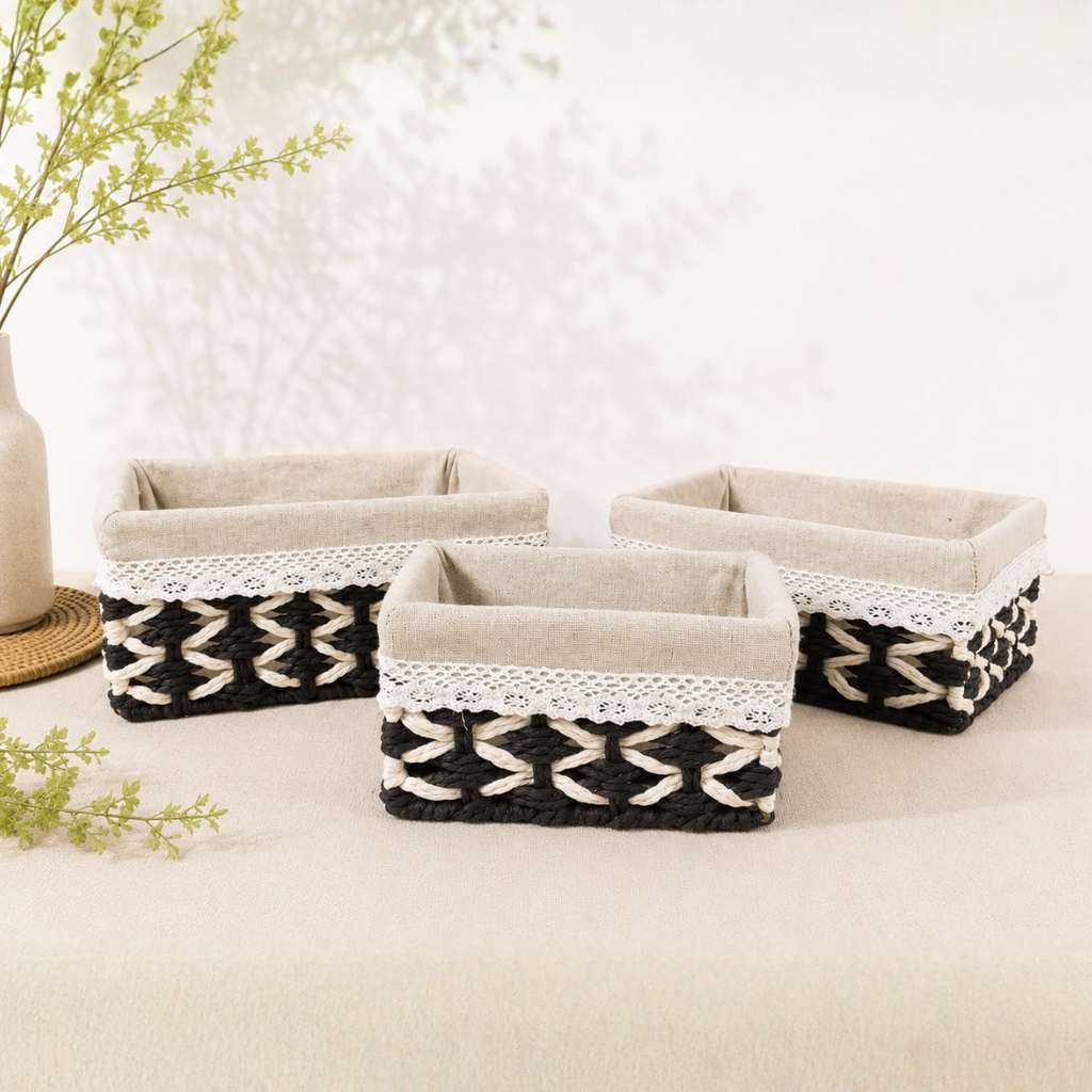 Set 3 Canasto Organizador Mimbre Tejido Bicolor Funda Tela