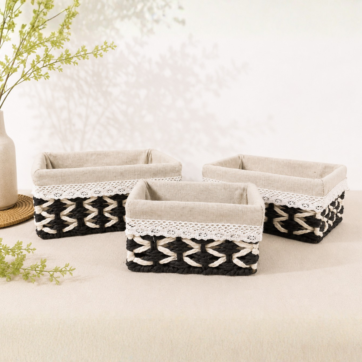 Set 3 Canasto Organizador Mimbre Tejido Bicolor Funda Tela