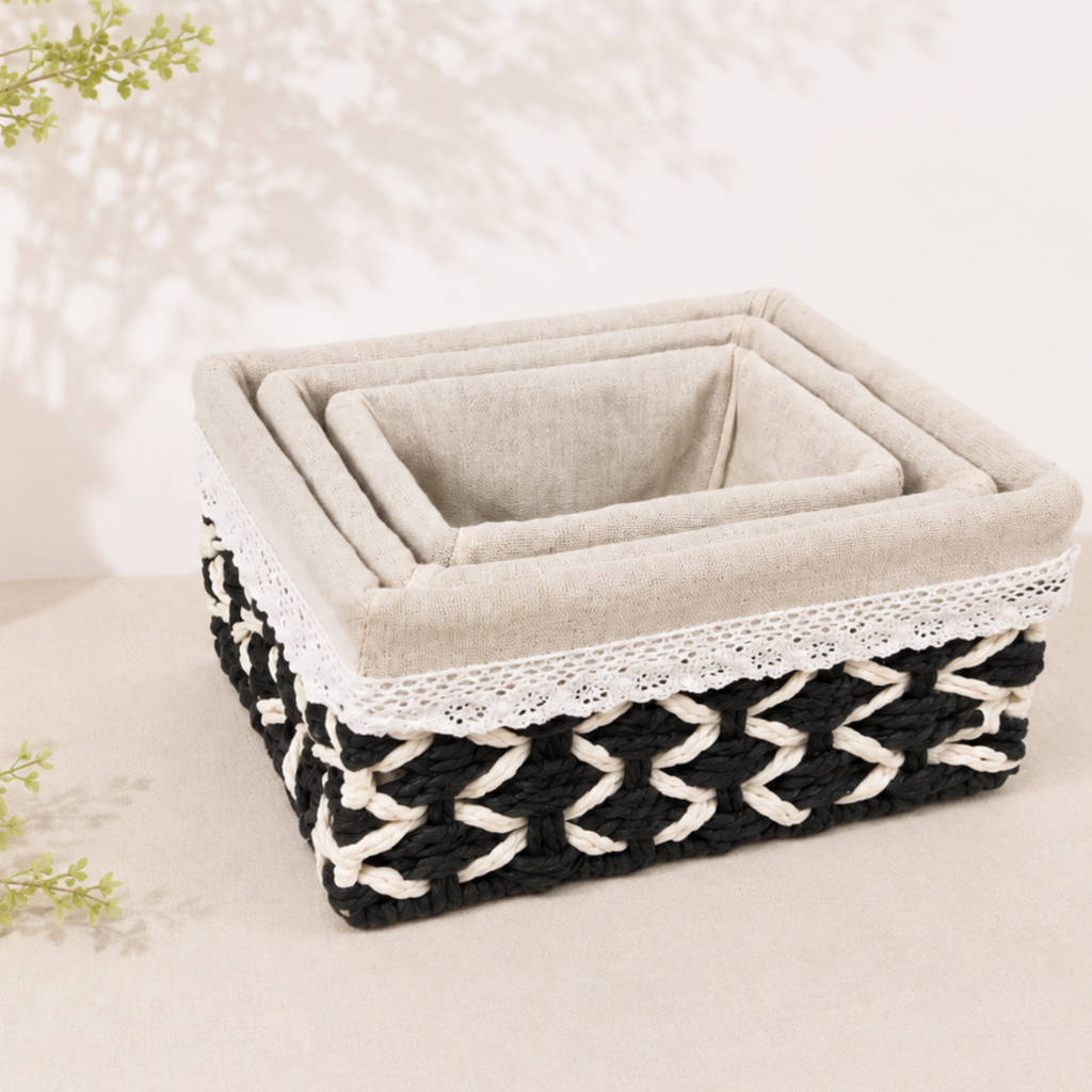 Set 3 Canasto Organizador Mimbre Tejido Bicolor Funda Tela