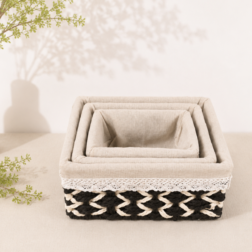 Set 3 Canasto Organizador Mimbre Tejido Bicolor Funda Tela