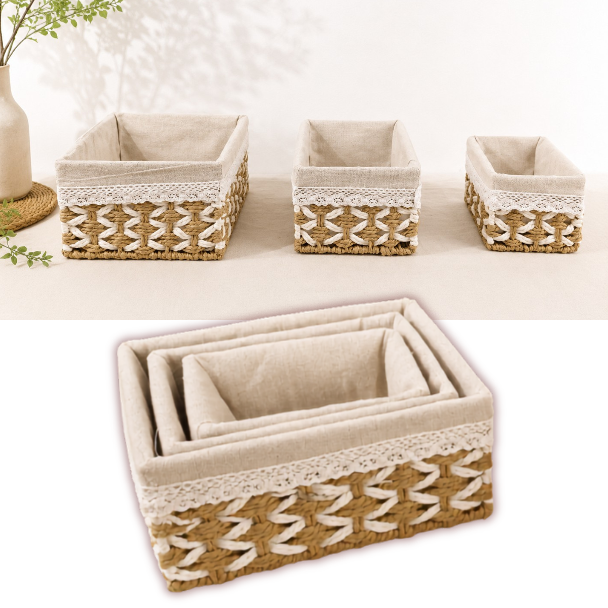 Set 3 Canasto Organizador Mimbre Tejido Bicolor Funda Tela