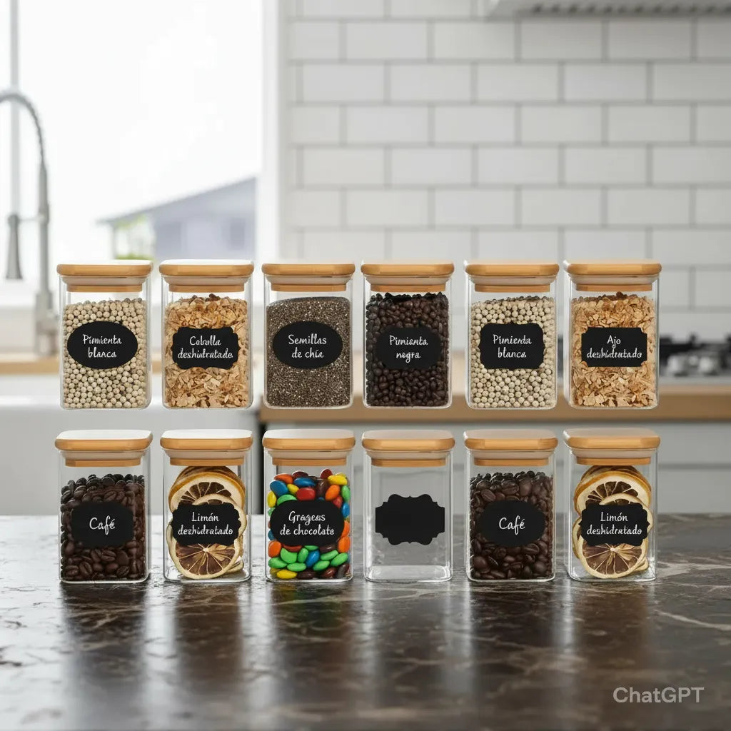 12 Frascos Hermetico Tapa Cuadrado 230ml Bambu + 18 Etiqueta