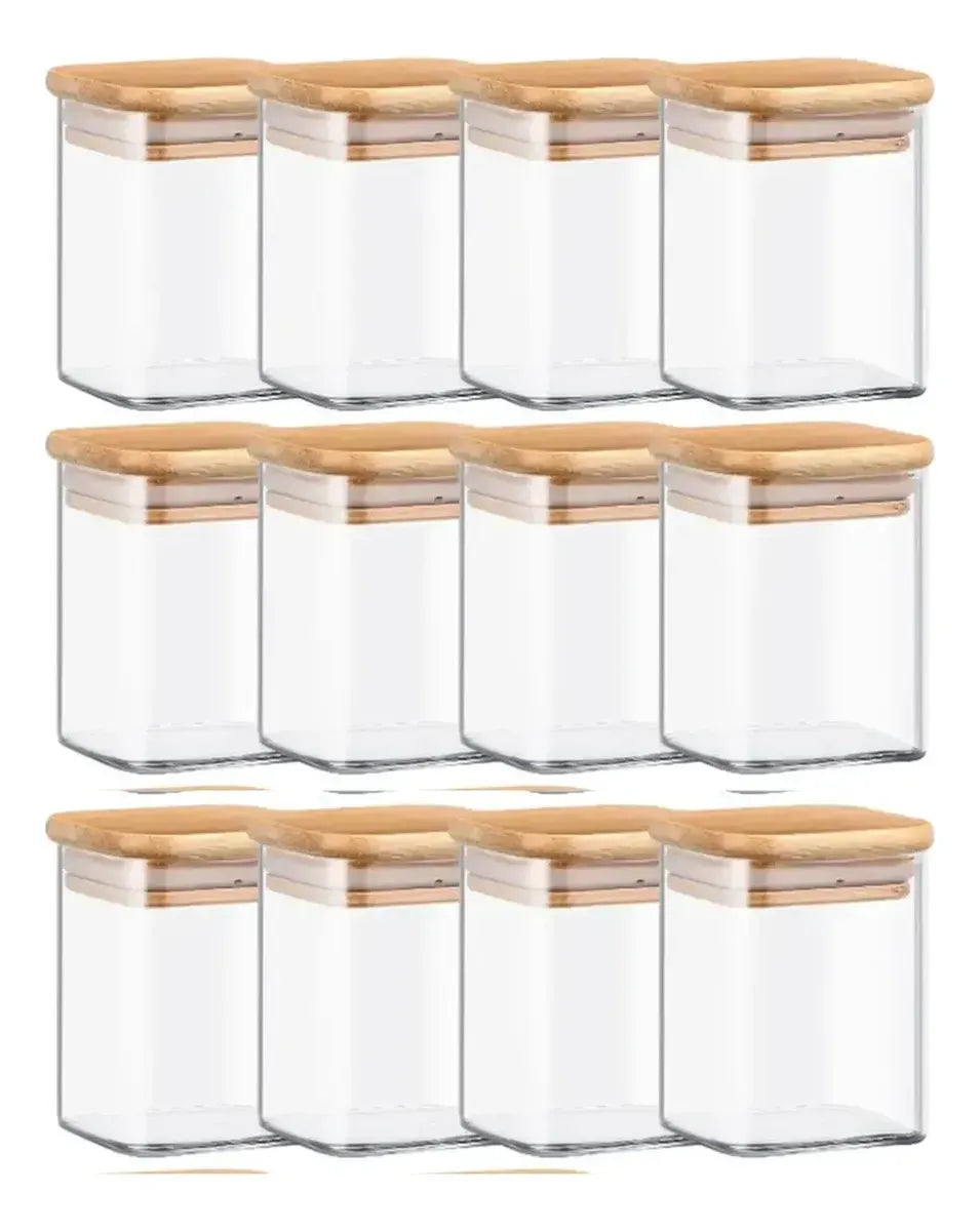 12 Frascos Hermetico Tapa Cuadrado 230ml Bambu + 18 Etiqueta