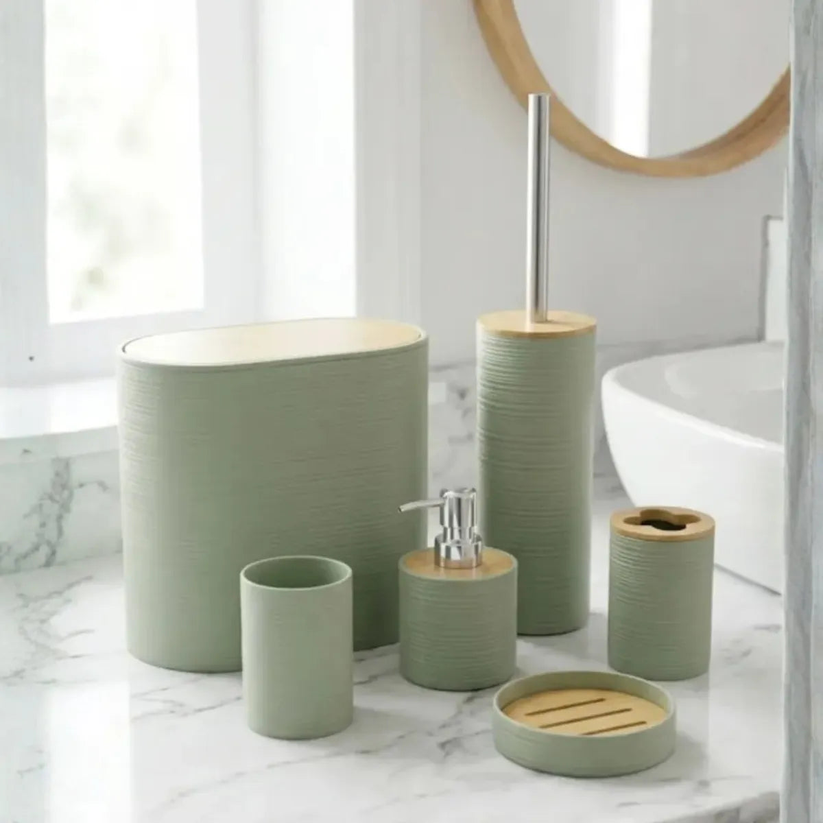 Set 6 Juego Accesorio Para Baño Bambu Decorativo Basurero
