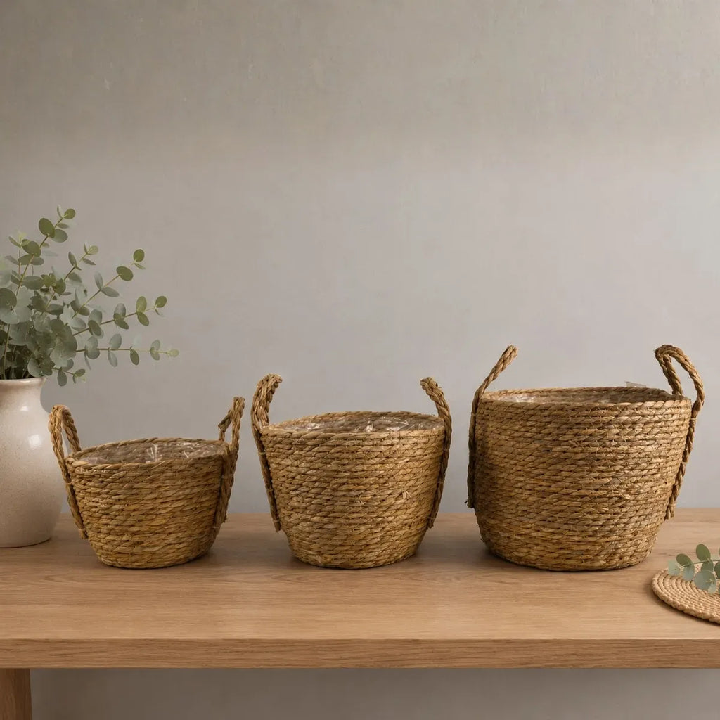 3 Canastos 33/26/23cm Cesta Yute Macetero Asa Rustico Nor