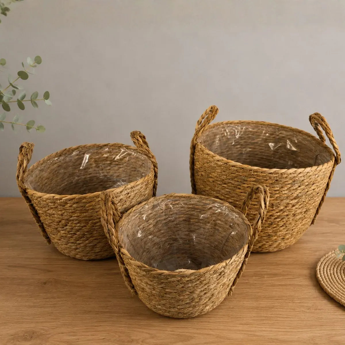 3 Canastos 33/26/23cm Cesta Yute Macetero Asa Rustico Nor