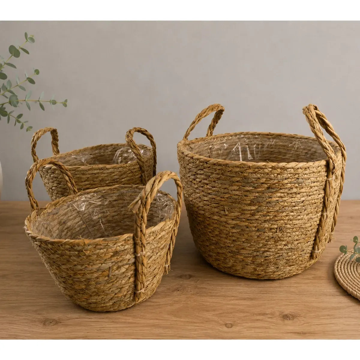 3 Canastos 33/26/23cm Cesta Yute Macetero Asa Rustico Nor