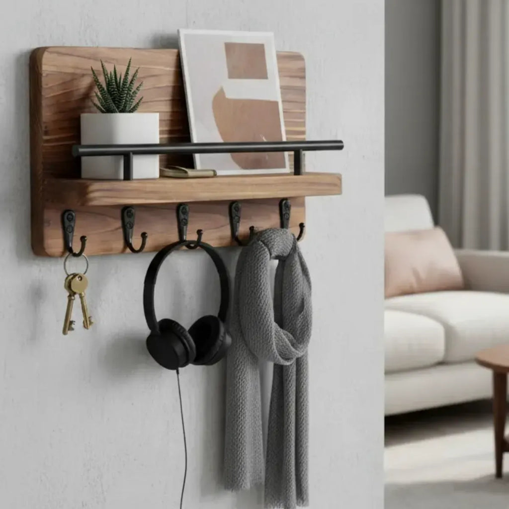 Perchero Madera Porta Llave Pared Con 5 Ganchos Color Marrón