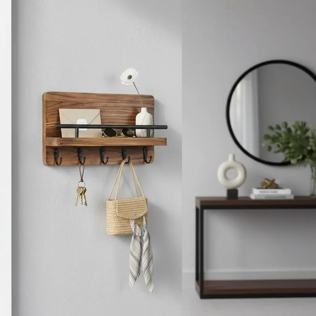 Perchero Madera Porta Llave Pared Con 5 Ganchos Color Marrón