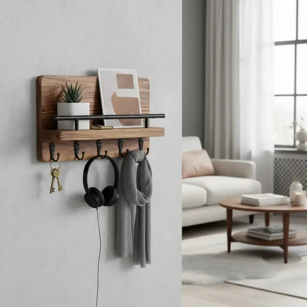 Perchero Madera Porta Llave Pared Con 5 Ganchos Color Marrón