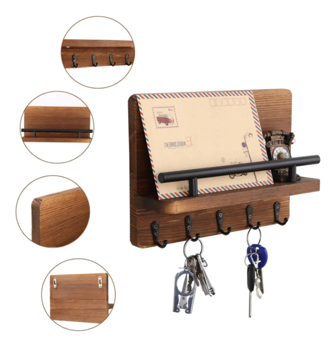 Perchero Madera Porta Llave Pared Con 5 Ganchos Color Marrón