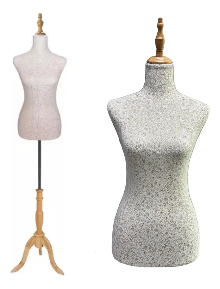 Maniquí Torso Vestido Con Tela Pedestal Madera Exhibidor
