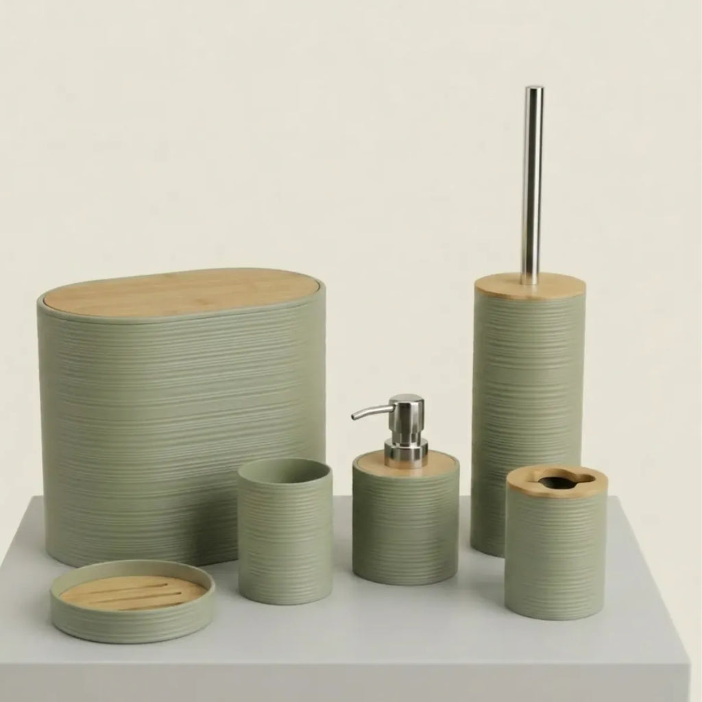 Set 6 Juego Accesorio Para Baño Bambu Decorativo Basurero