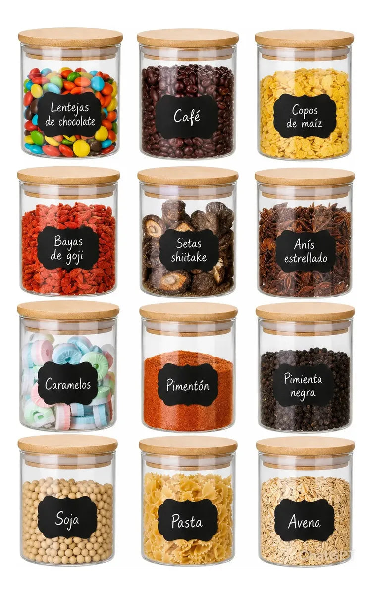 12 Frascos Hermetico Tapa redondo 150ml + 18 Etiquetas