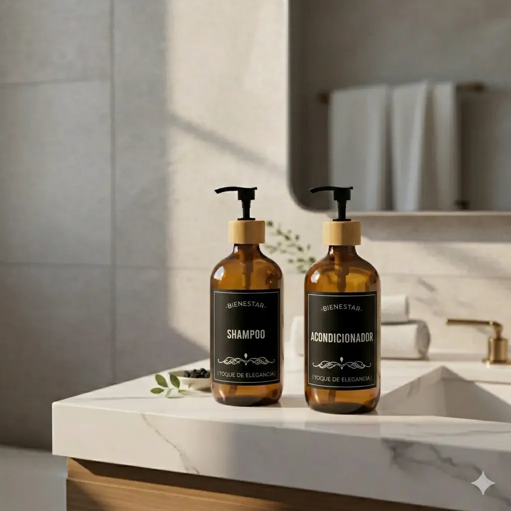 Set 2 Dispensadores Vidrio Ambar 500 Ml Bambu + 6 Etiquetas