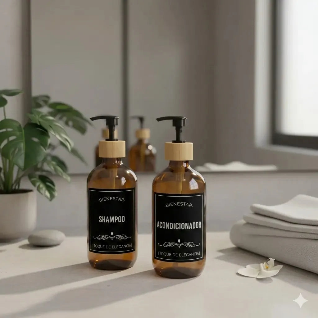 Set 2 Dispensadores Vidrio Ambar 500 Ml Bambu + 6 Etiquetas