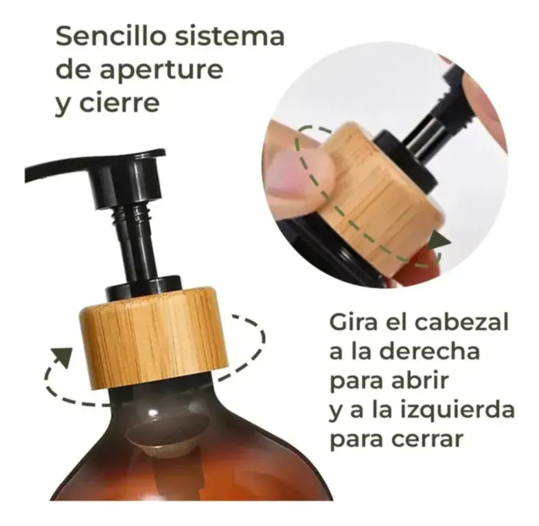 Set 2 Dispensadores Vidrio Ambar 500 Ml Bambu + 6 Etiquetas