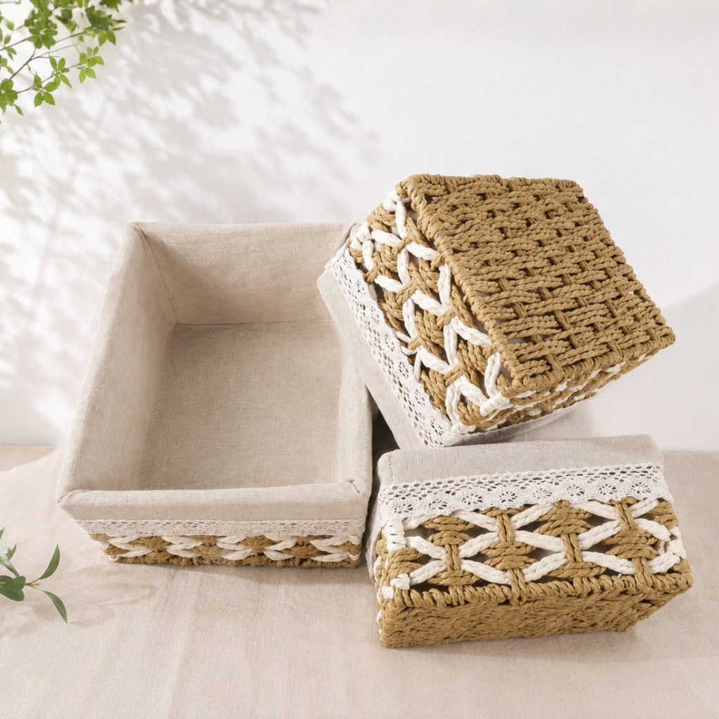 Set 3 Canasto Organizador Mimbre Tejido Bicolor Funda Tela