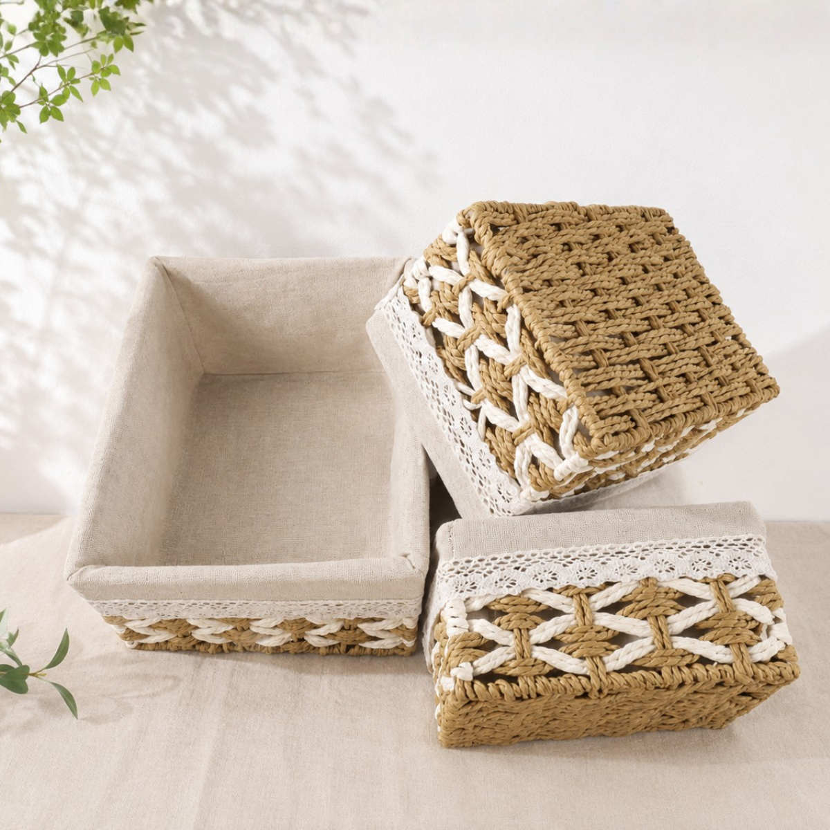Set 3 Canasto Organizador Mimbre Tejido Bicolor Funda Tela