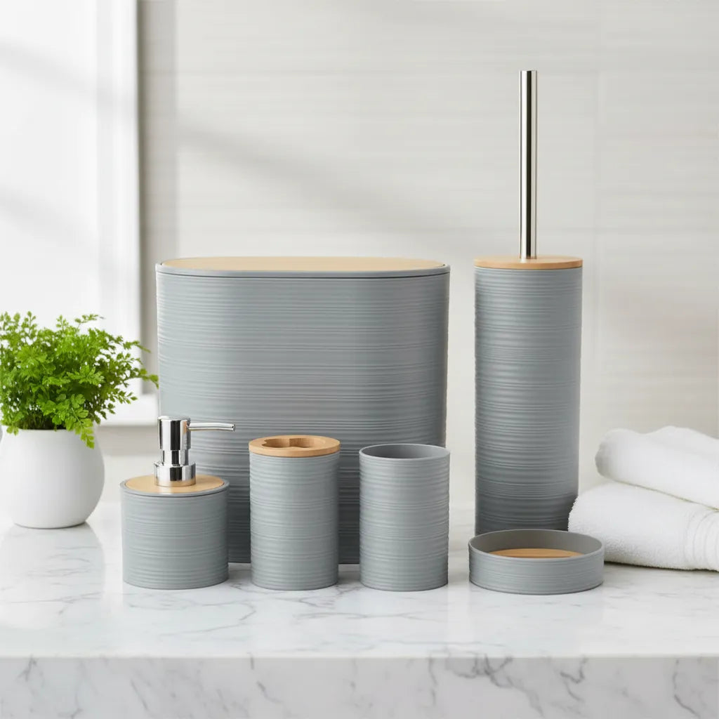 Set 6 Juego Accesorio Para Baño Bambu Decorativo Basurero