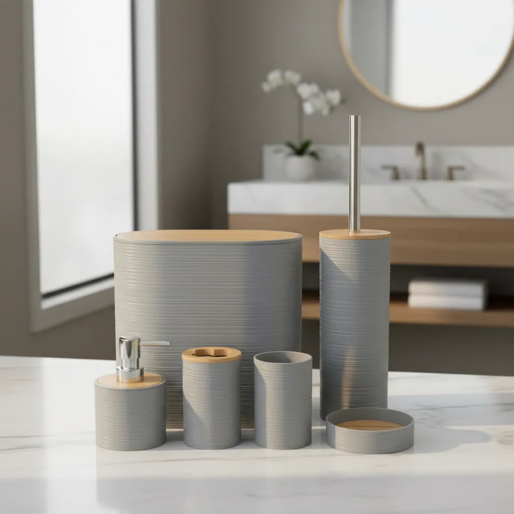 Set 6 Juego Accesorio Para Baño Bambu Decorativo Basurero