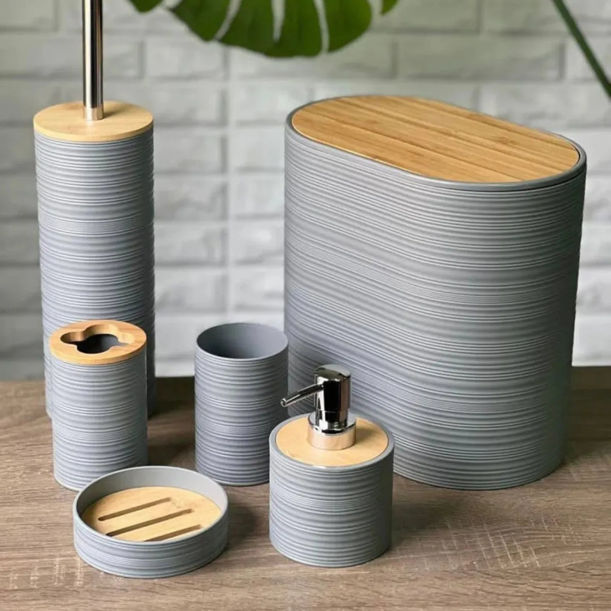 Set 6 Juego Accesorio Para Baño Bambu Decorativo Basurero