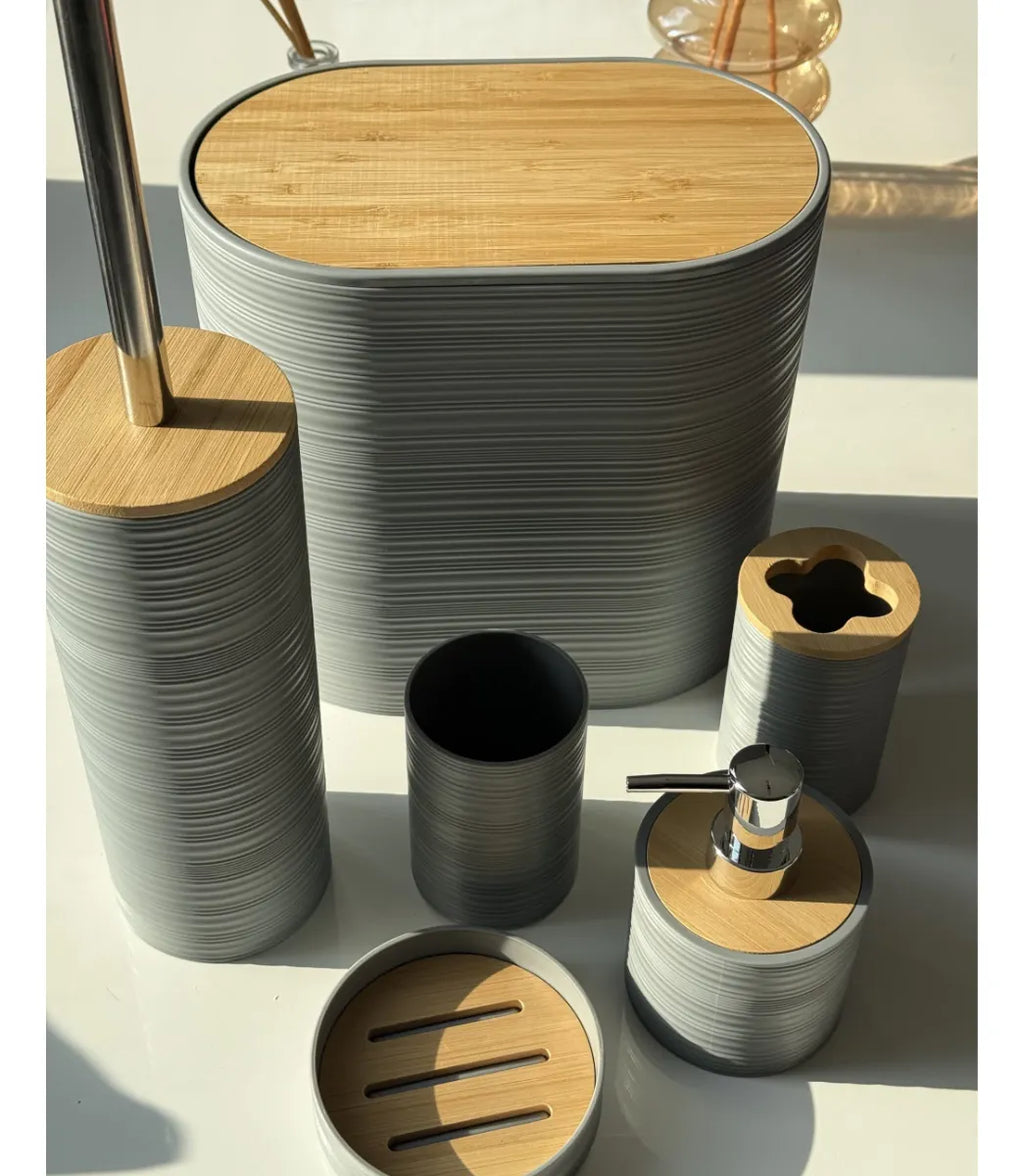 Set 6 Juego Accesorio Para Baño Bambu Decorativo Basurero