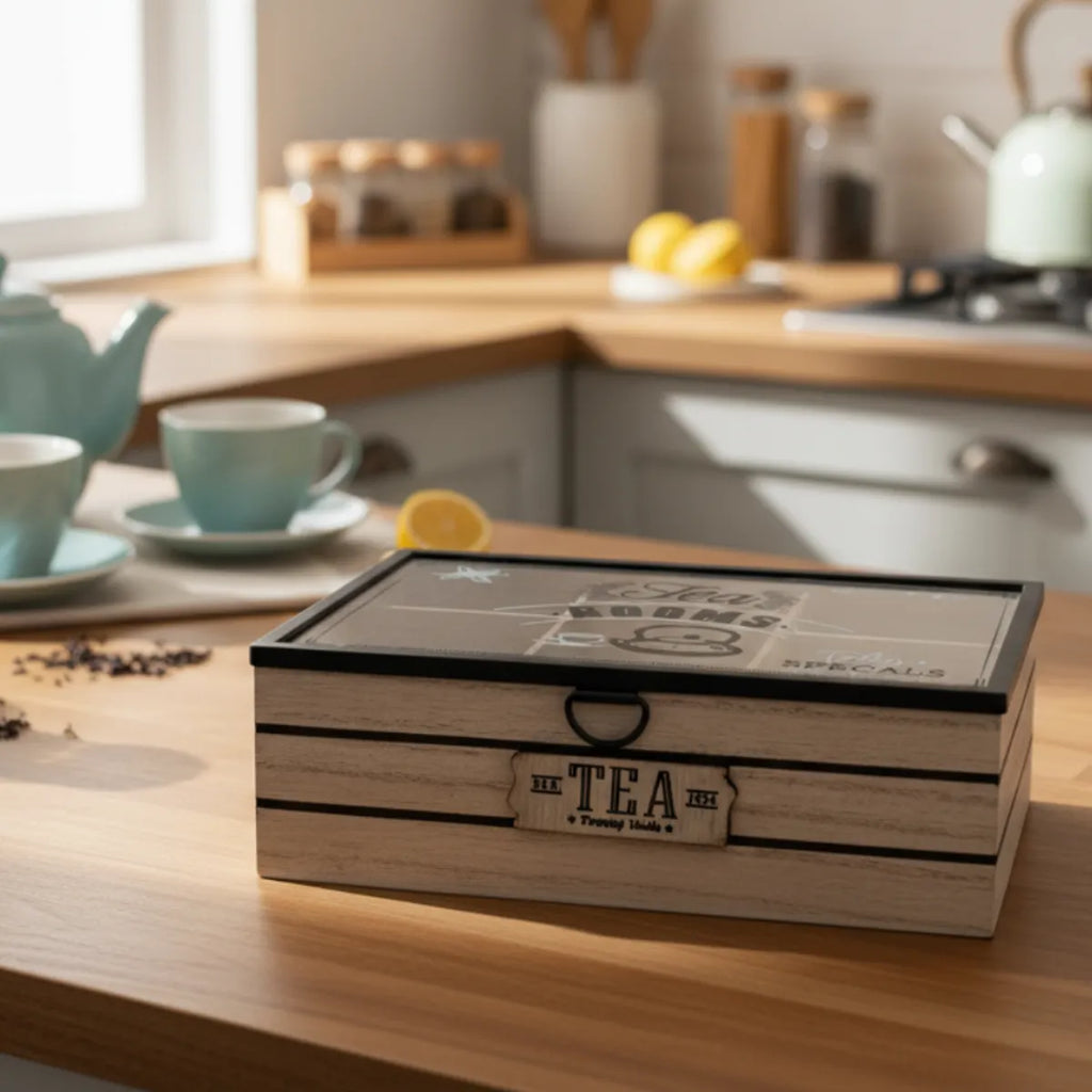 Caja De Te 6 Divisiones Organizador Bolsa De Te Tapa Vidrio