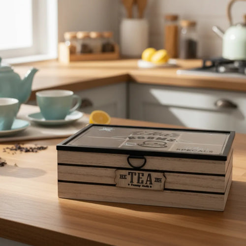 Caja De Te 6 Divisiones Organizador Bolsa De Te Tapa Vidrio