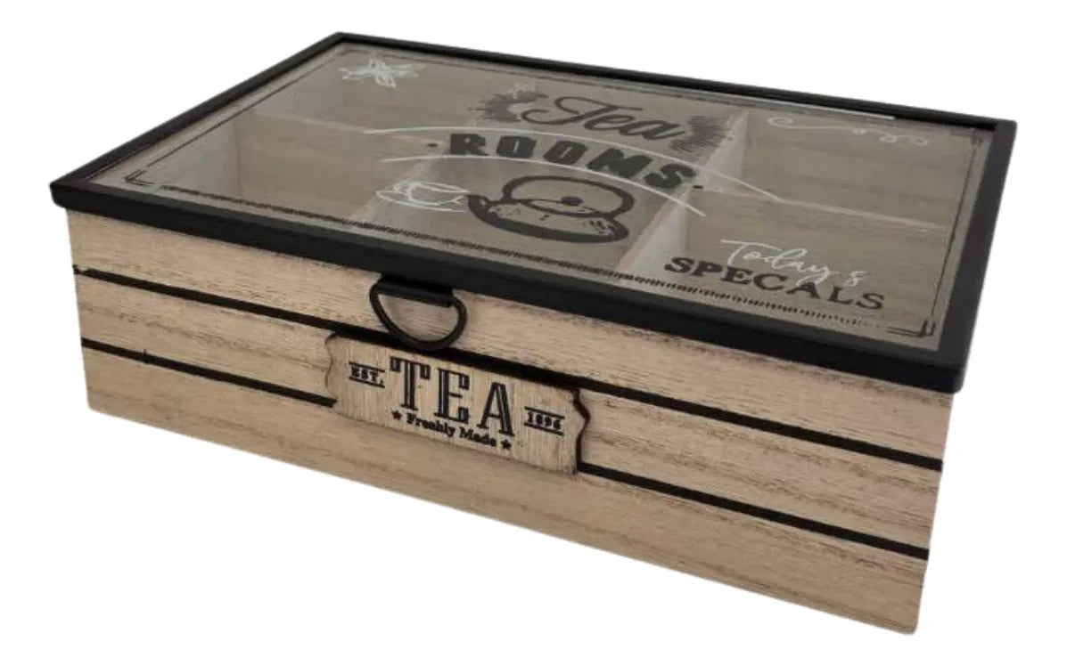 Caja De Te 6 Divisiones Organizador Bolsa De Te Tapa Vidrio