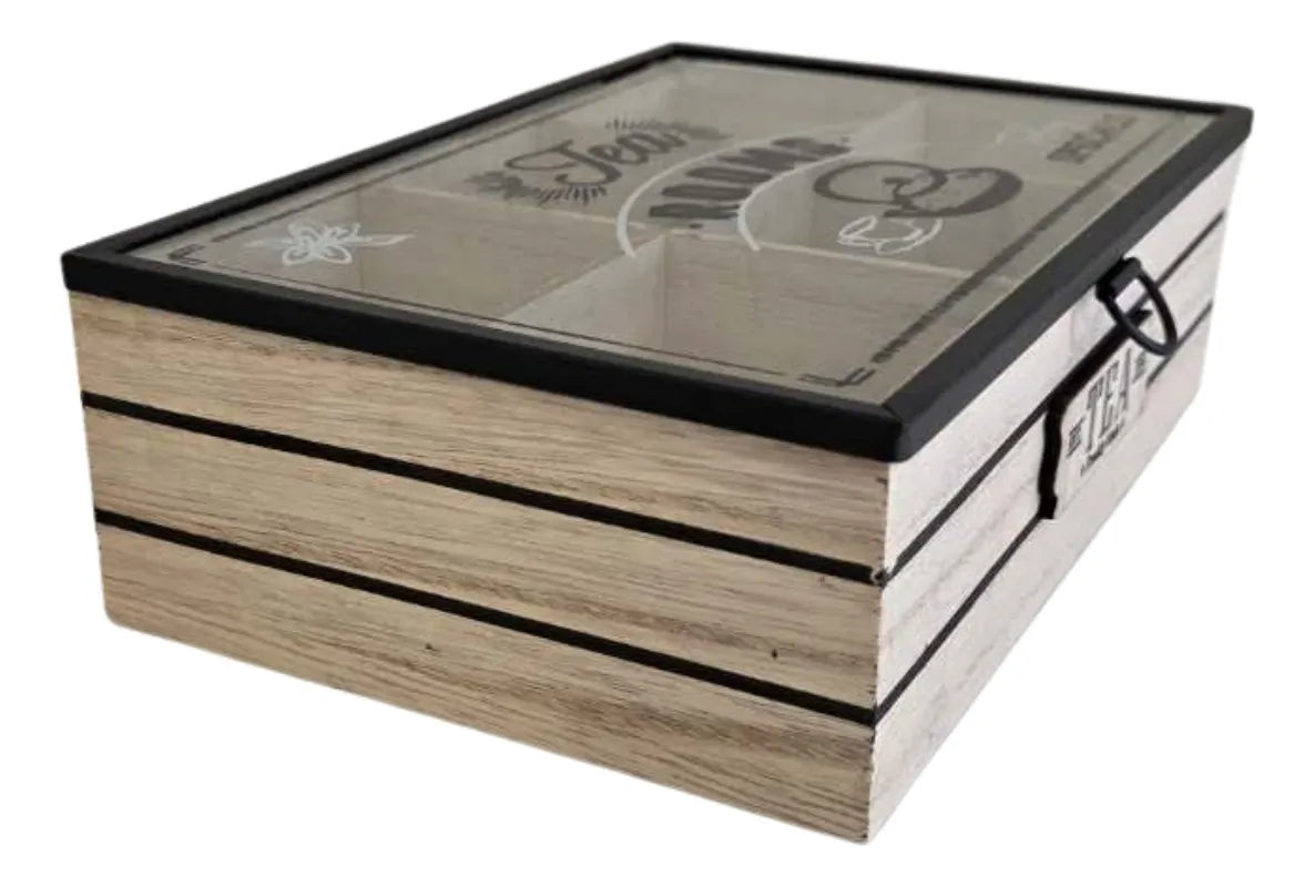 Caja De Te 6 Divisiones Organizador Bolsa De Te Tapa Vidrio