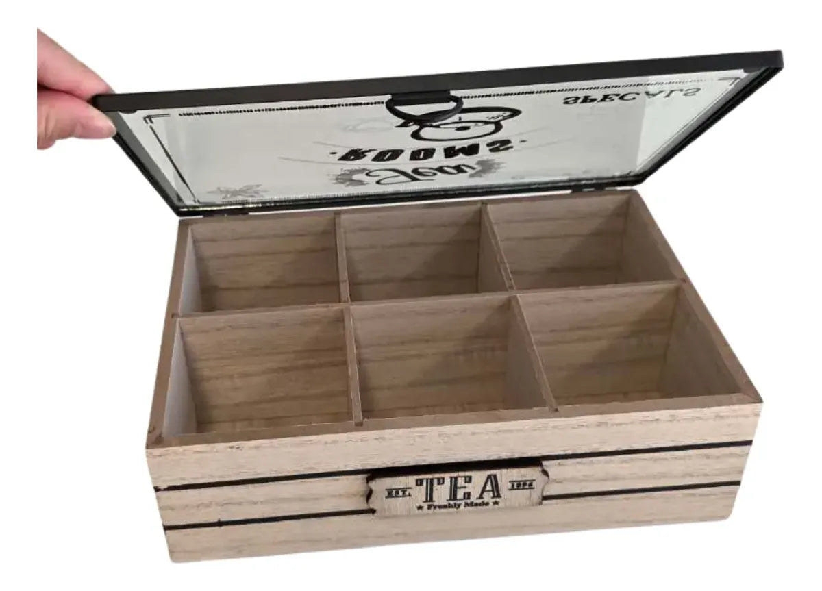 Caja De Te 6 Divisiones Organizador Bolsa De Te Tapa Vidrio