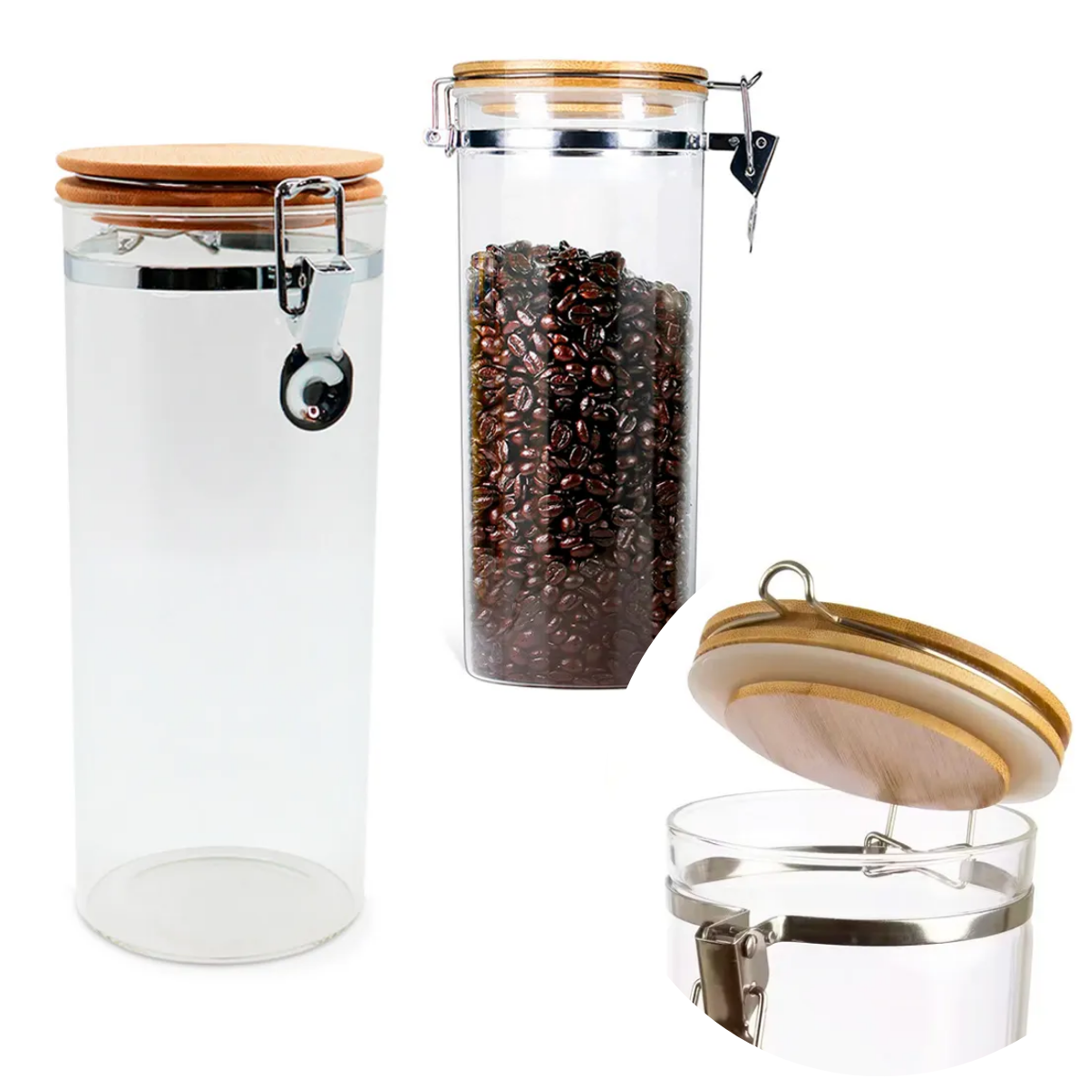 2 Frascos Clip 1000ml Contenedor Hermetico Tapa Bambu 8x20cm