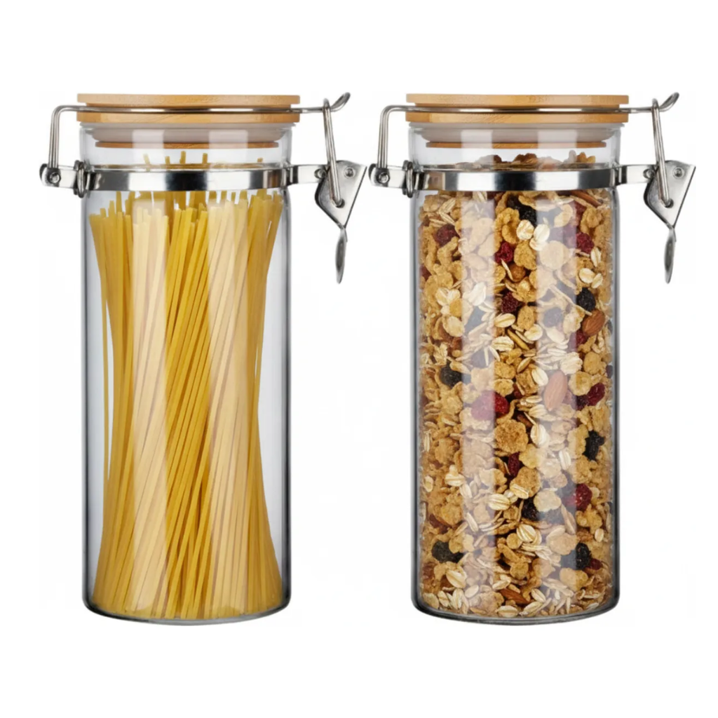 2 Frascos Clip 1000ml Contenedor Hermetico Tapa Bambu 8x20cm
